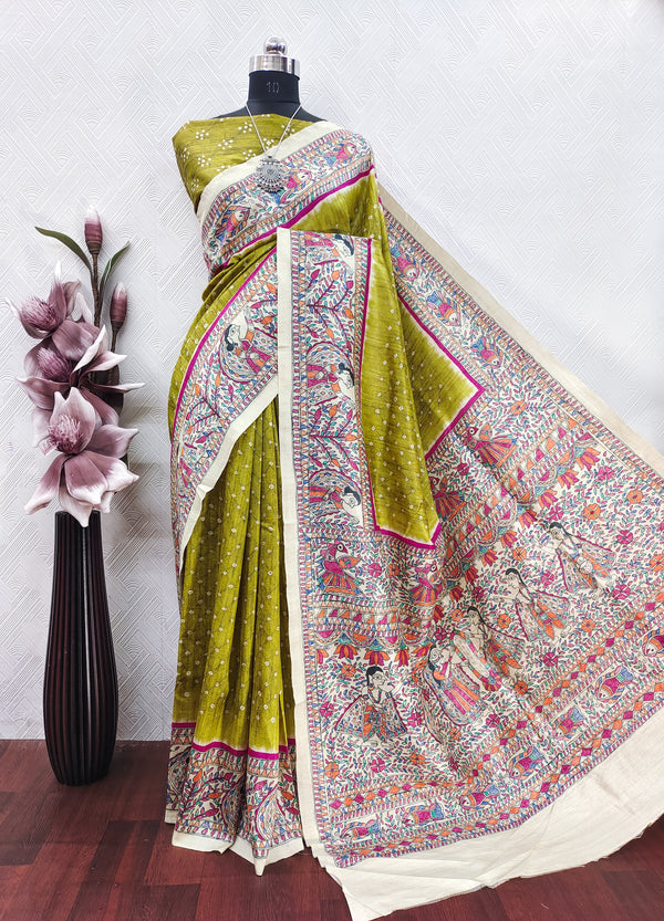 Green Color Bandhini With Madhubani Print On Raw ArtSilk Saree