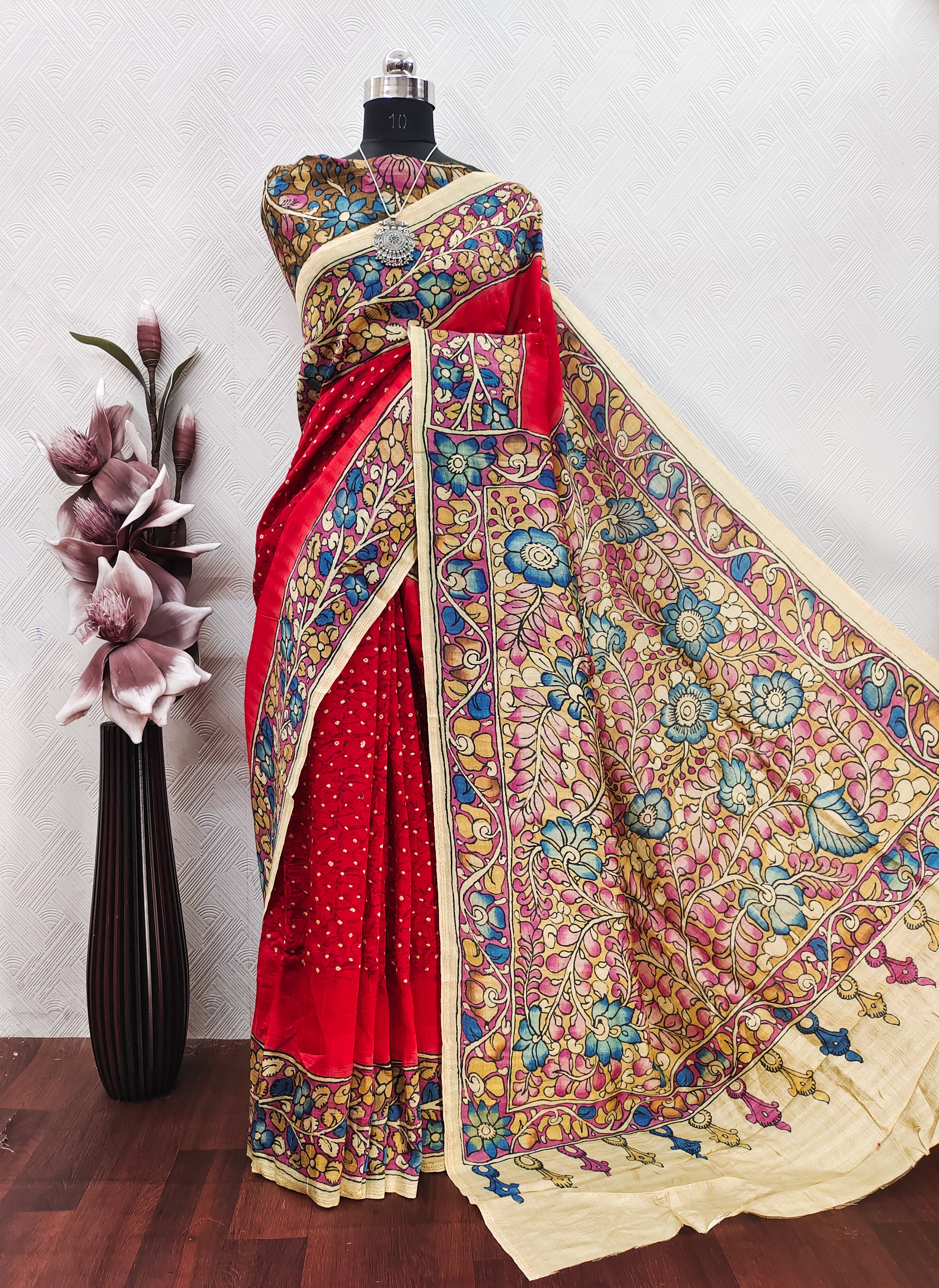 Red Color Bandhini With Kalamkari Print On Matka Silk fabric