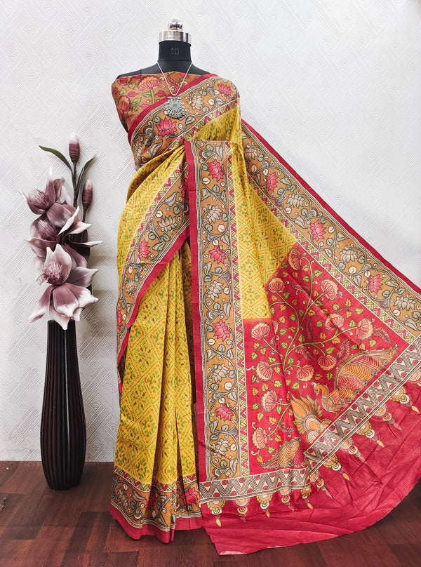 Yellow Color Patola Wth Kalamkari Print On Raw ArtSilk Fabric