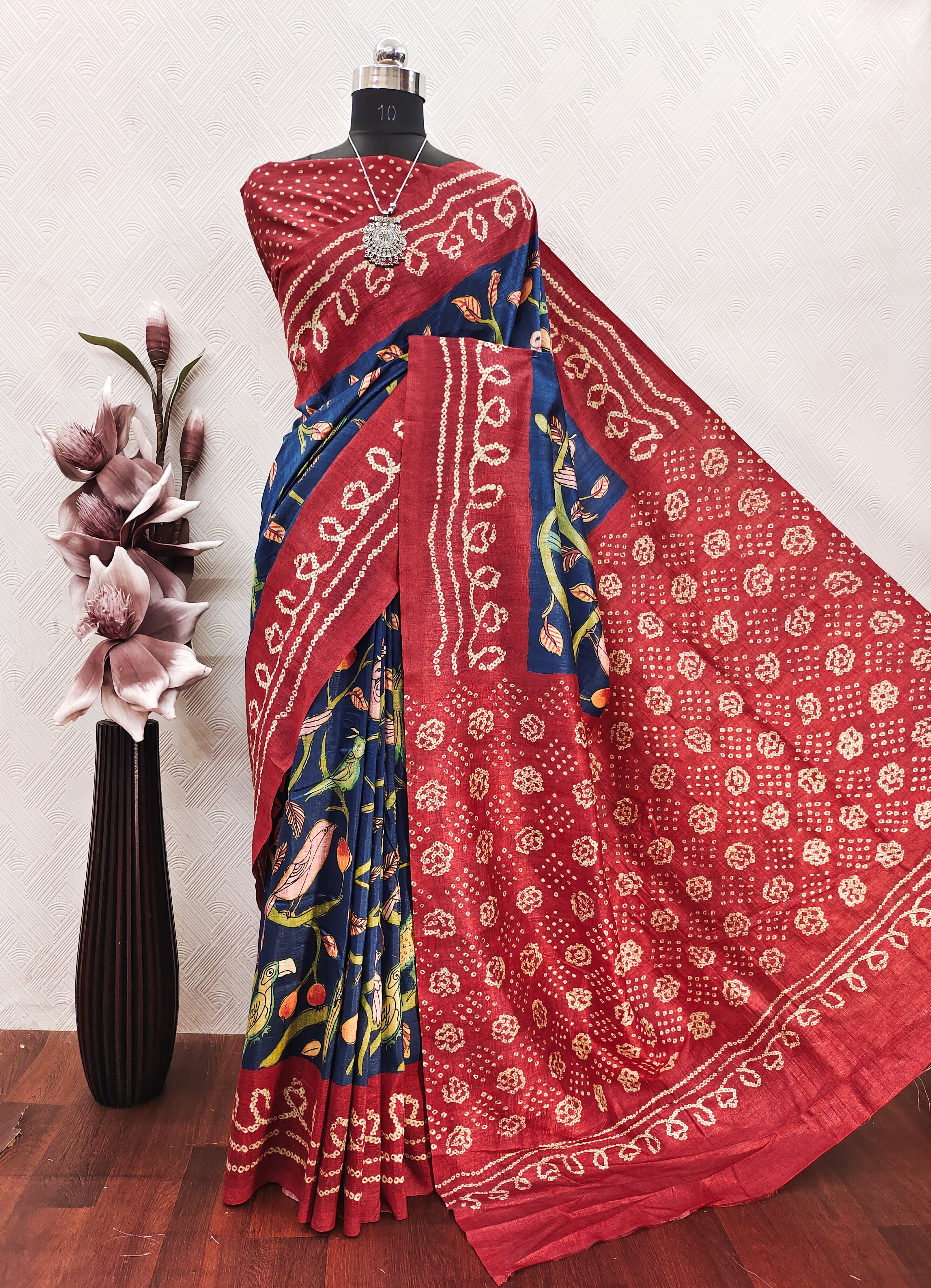 Navy blue color kalamkari with bandhini fusion Print on raw artsilk fabric