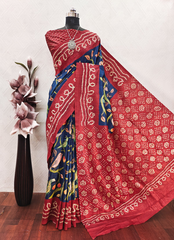 Navy blue color kalamkari with bandhini fusion Print on raw artsilk fabric