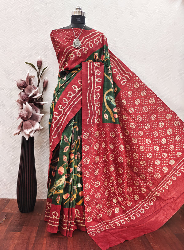 Green Color Kalamkari with Bandhini Fusion Print on Raw art silk