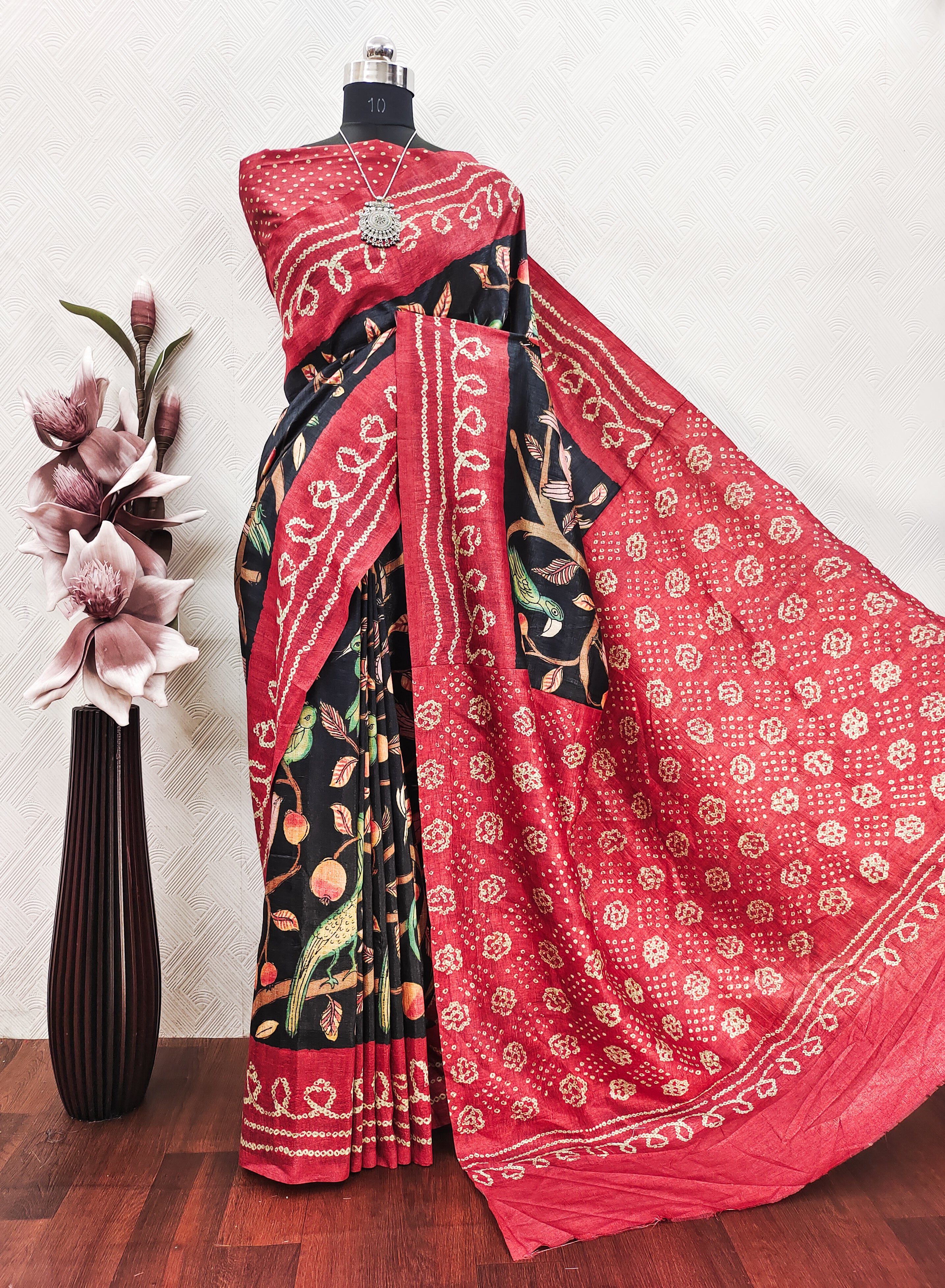 Black kalamkari with Bandhini Fusion Print on Raw Artsilk fabric