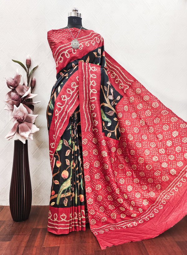 Black kalamkari with Bandhini Fusion Print on Raw Artsilk fabric