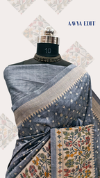 Grey Color Bandhej With Jamdani Print On Raw Art Silk Saree