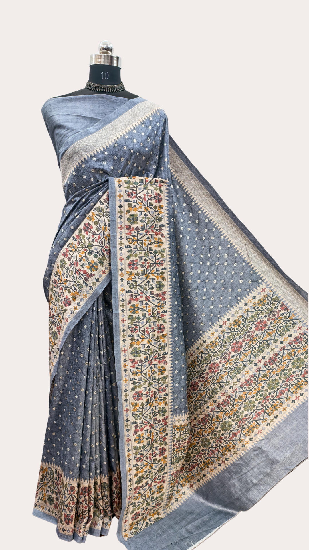 Grey Color Bandhej With Jamdani Print On Raw Art Silk Saree