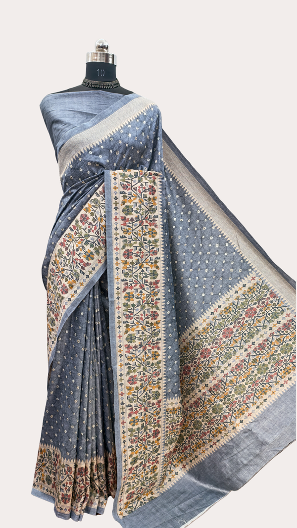 Grey Color Bandhej With Jamdani Print On Raw Art Silk Saree
