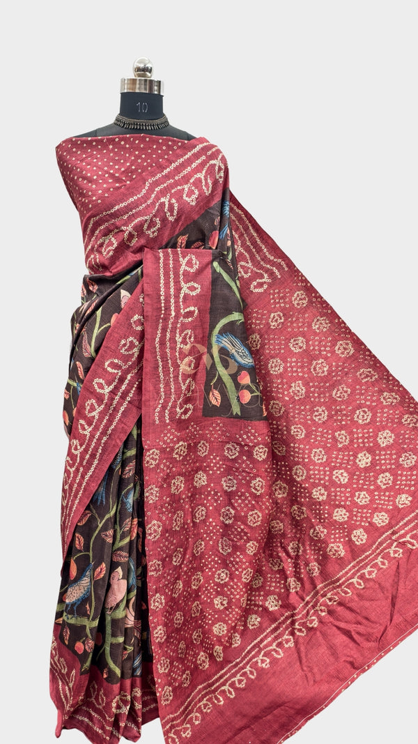 Coffee Color Kalamkari With Bandhini Fusion On Raw ArtSilk Fabric