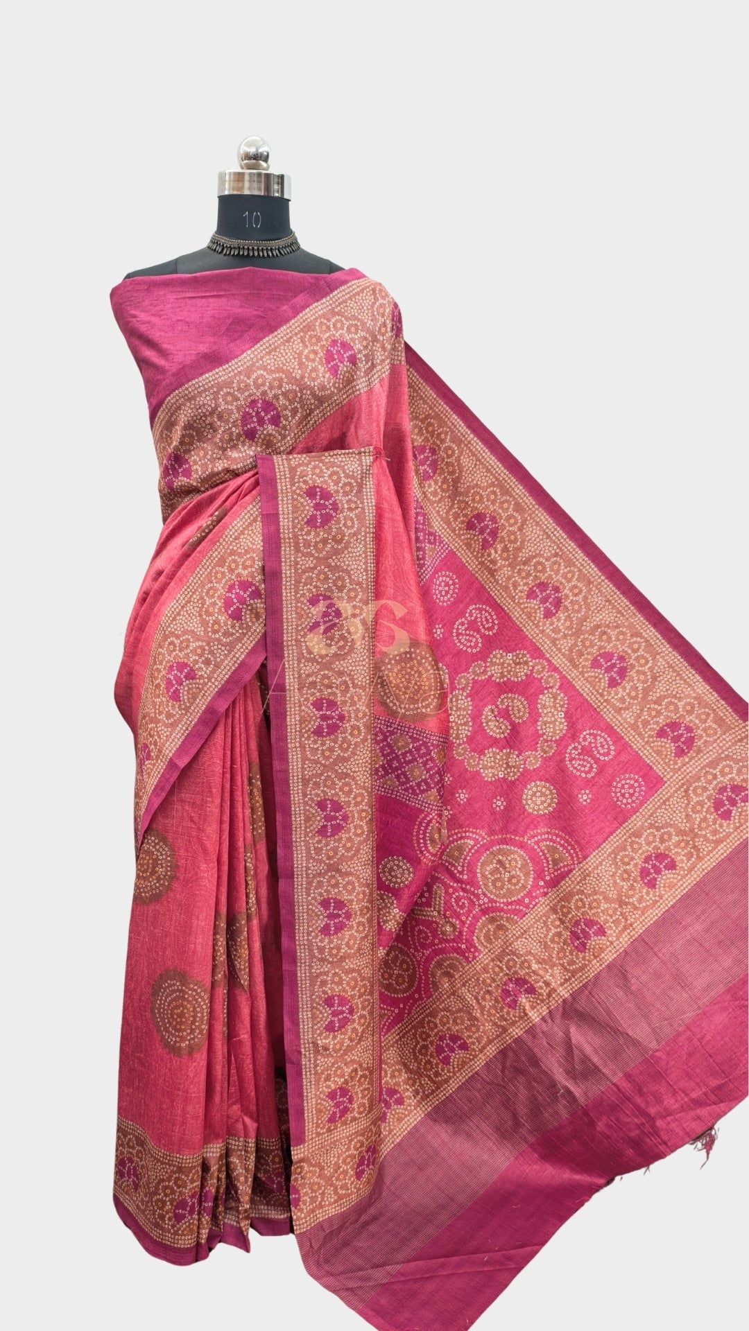 Pink Color Bandhani On Raw Art Silk Fabric