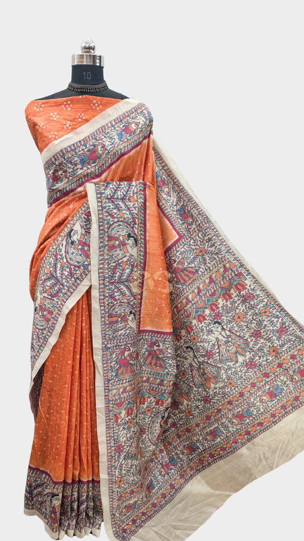 Orange Color Bandhini With Madhubani Print On Raw Art Silk Fabric