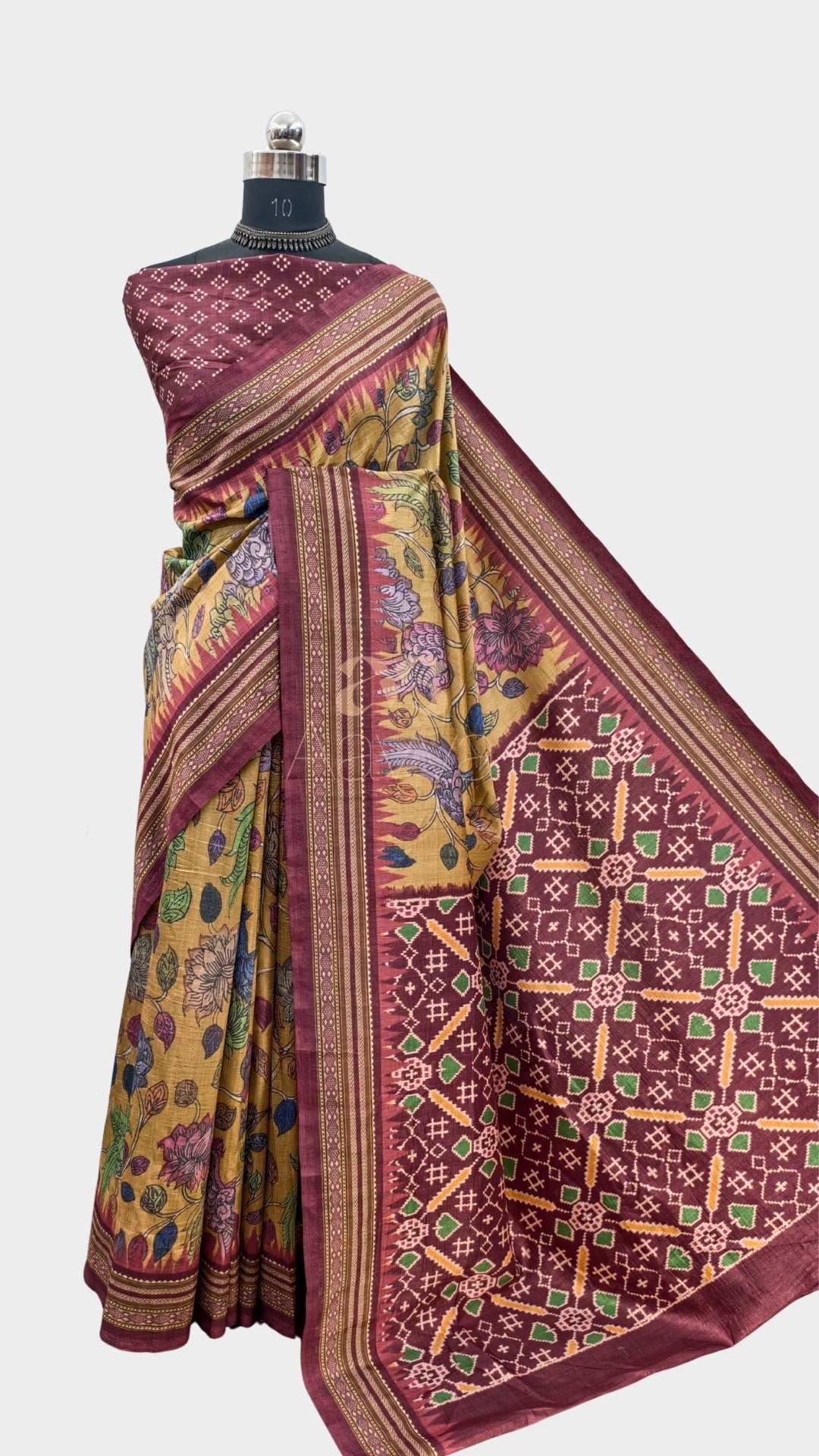 Mustard Yellow Color Kalamkari With Patola Pallu On Raw Art Silk Fabric