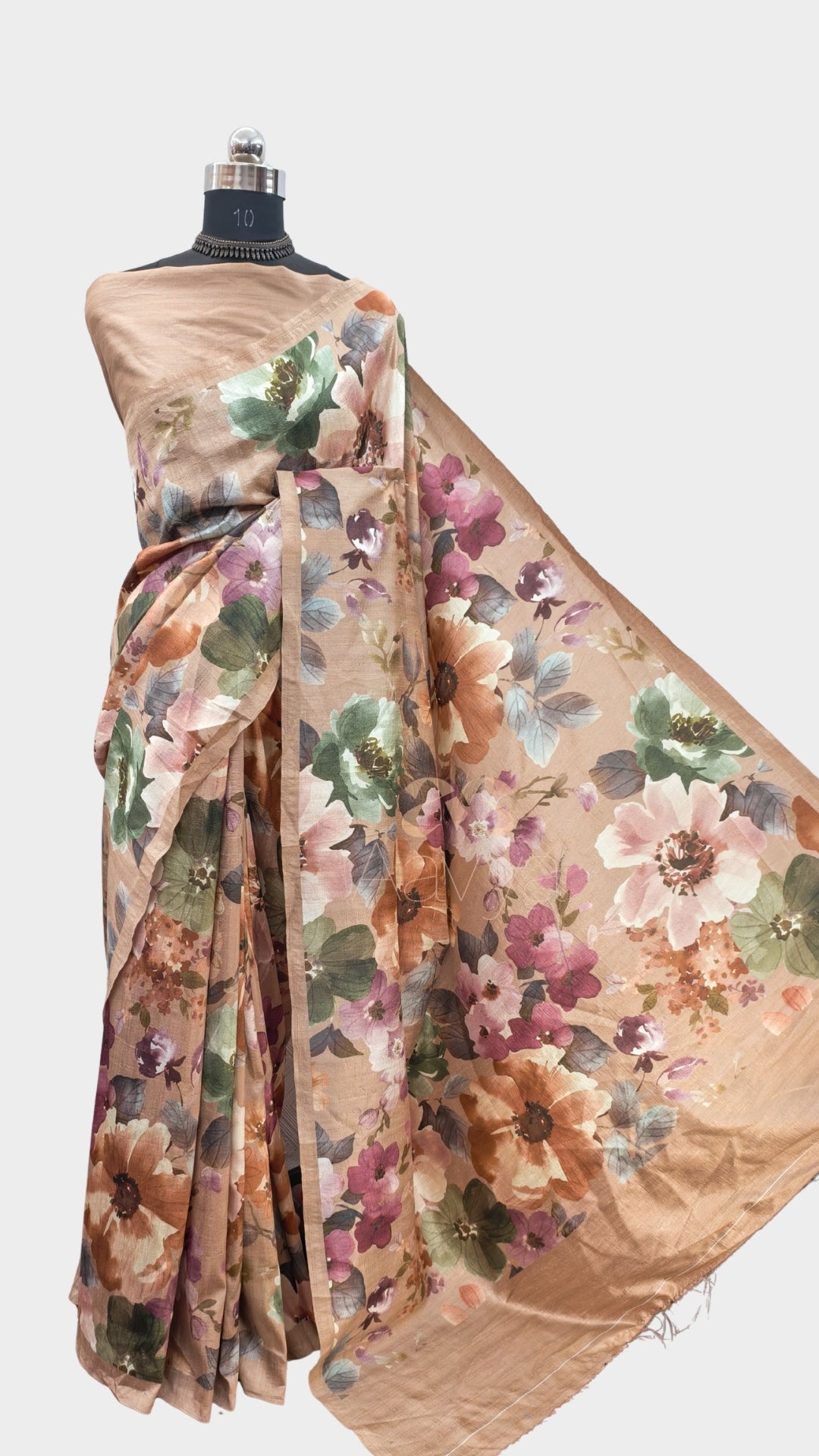 Beige color Flower Digital print On Raw Silk Fabric