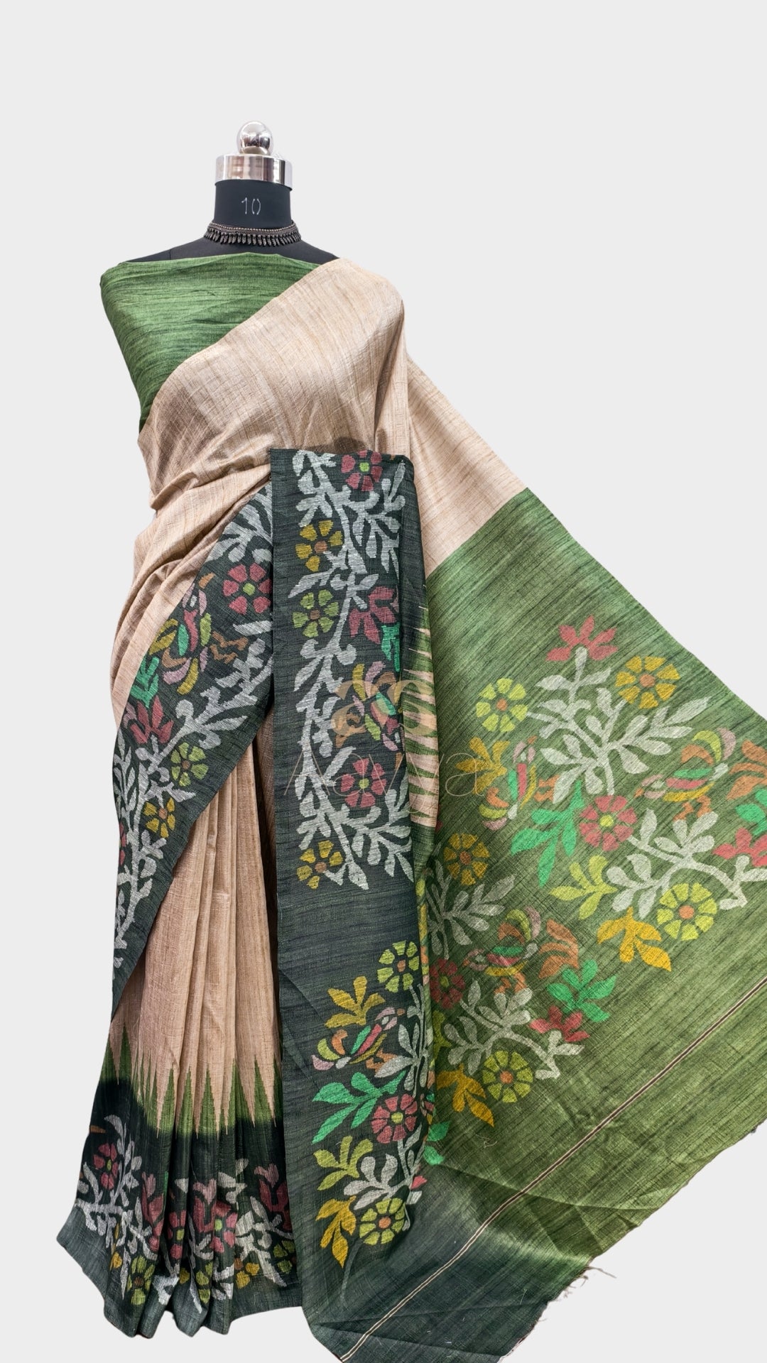 Sage Green Color With Kantha Print On Raw Art Silk Fabric