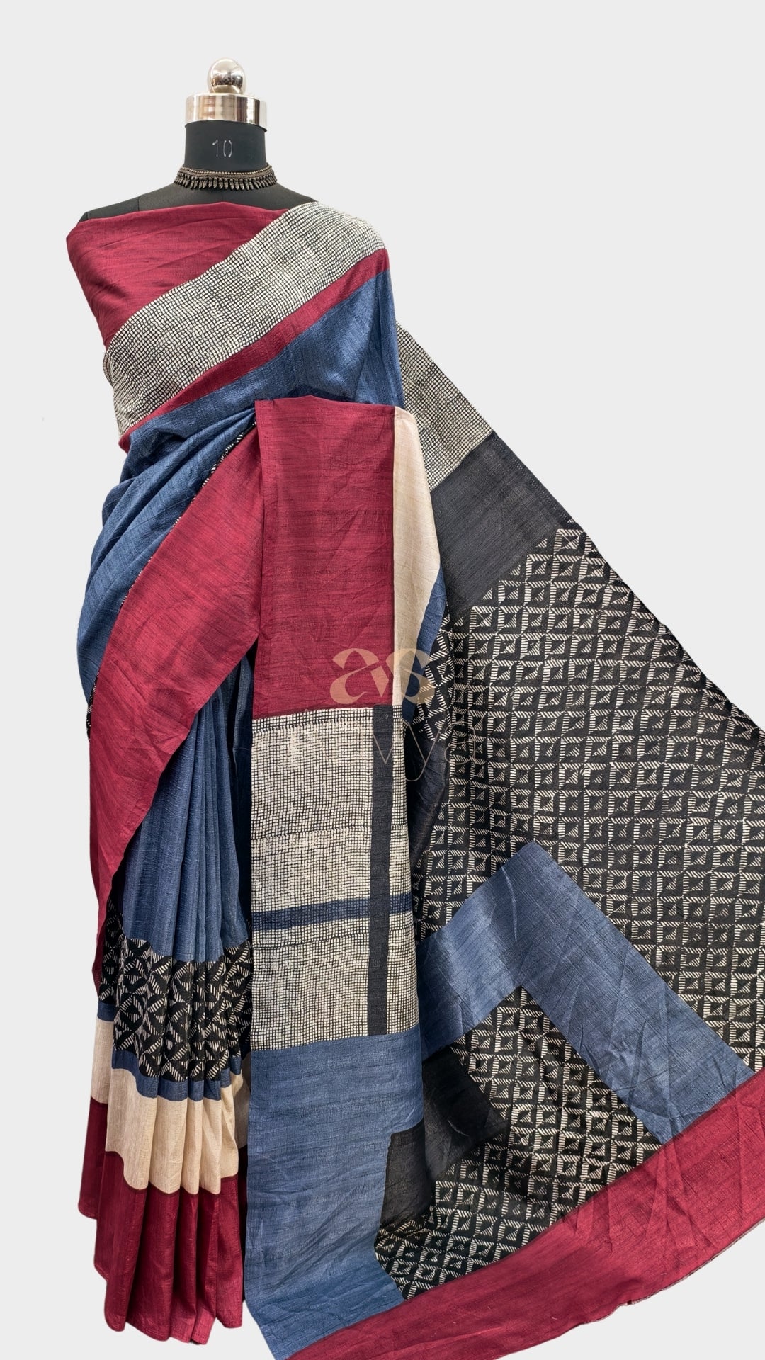 Navy Blue Color Geometric Design On Raw Art Silk Fabric