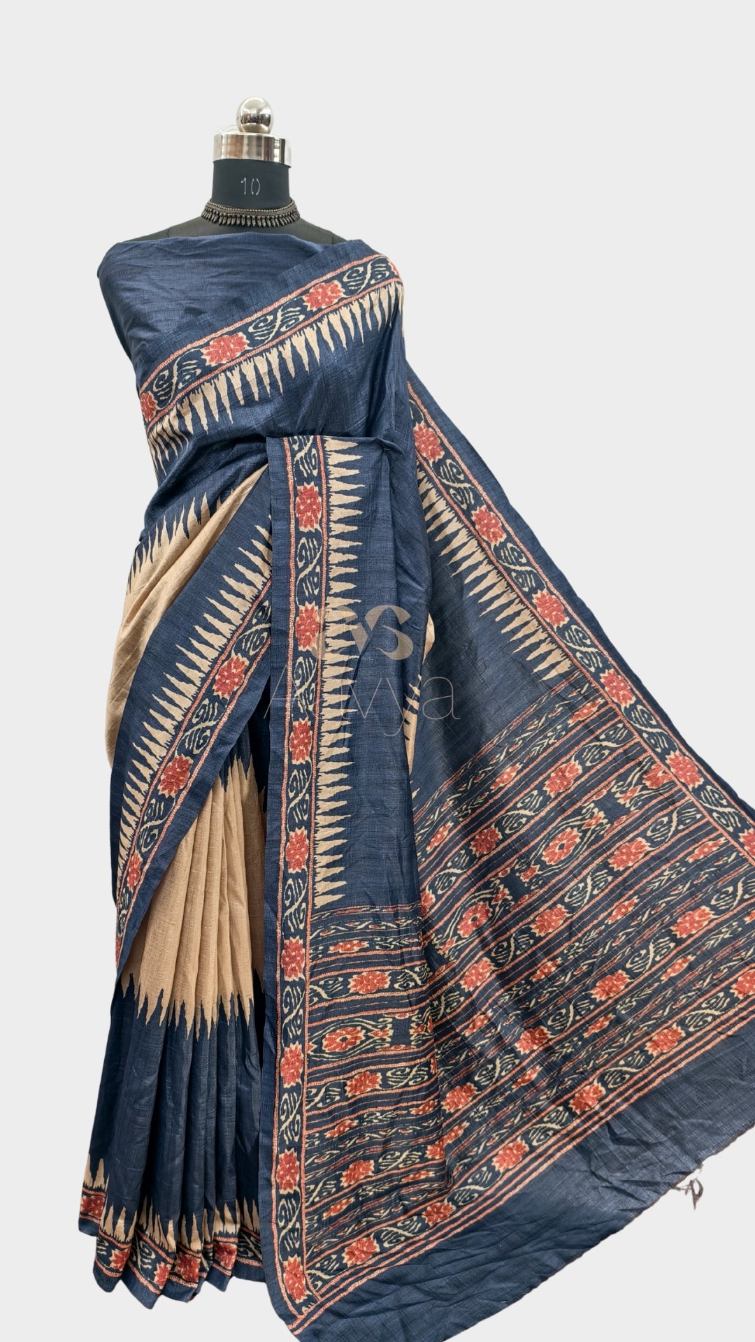 Navy Blue Color Ikat Inspired Saree with Tribal Temple Borders
