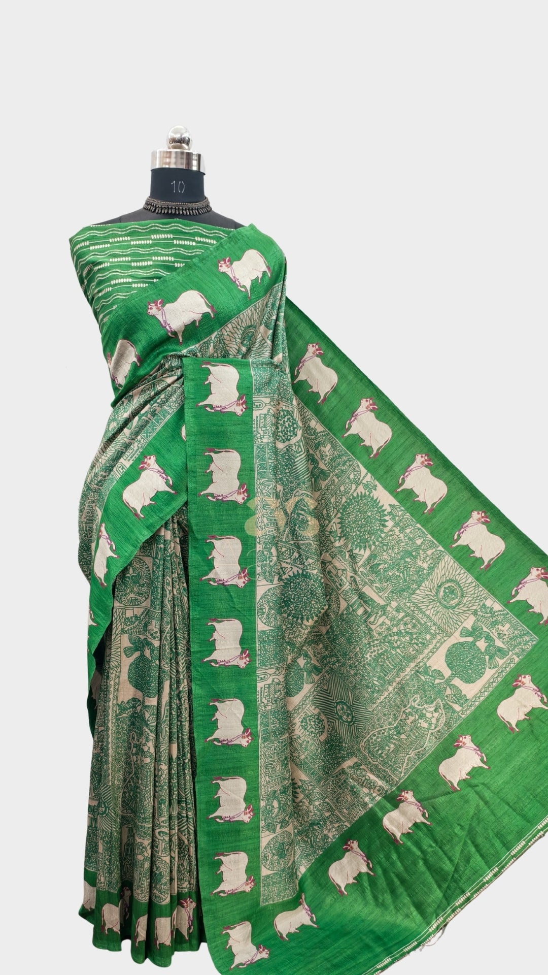 Emerald Green Pichwai Print On Raw Silk Fabric