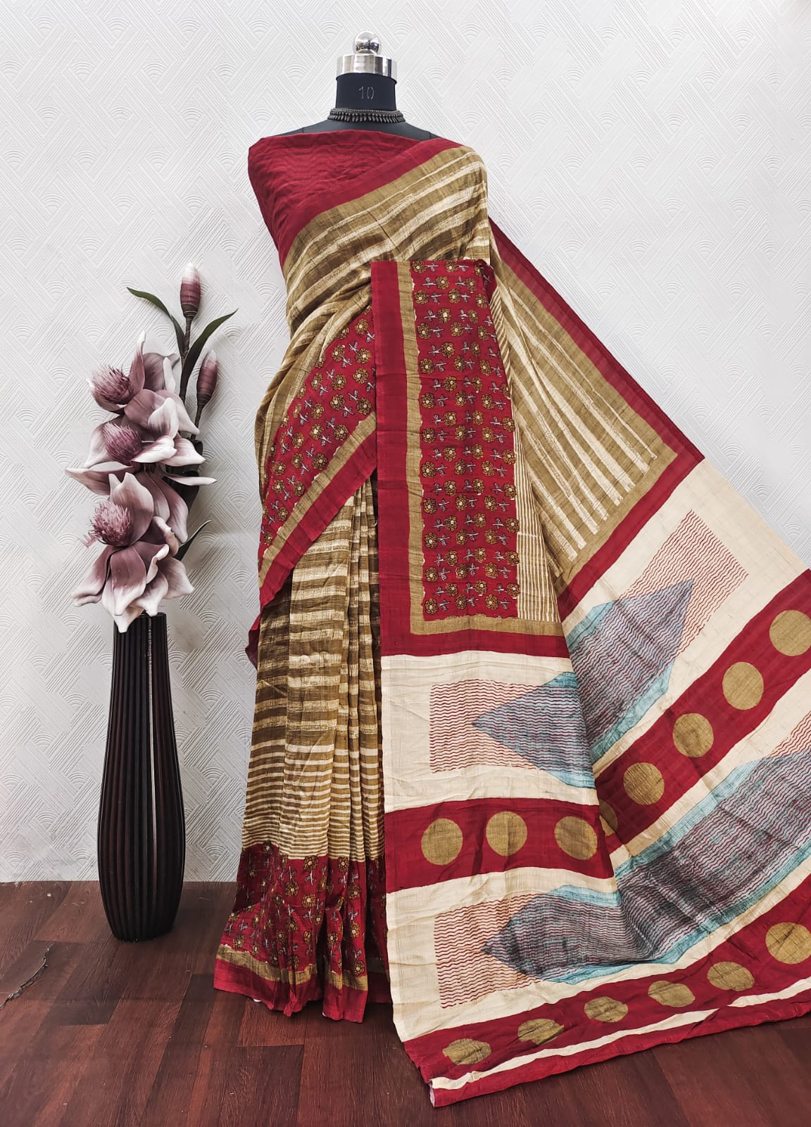 Rustic Red Color Geometrical With Floral design On Matka Silk Fabric