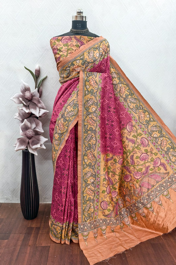 Rani Color Patola  With Kalamkari Print On Raw Art Silk Fabric