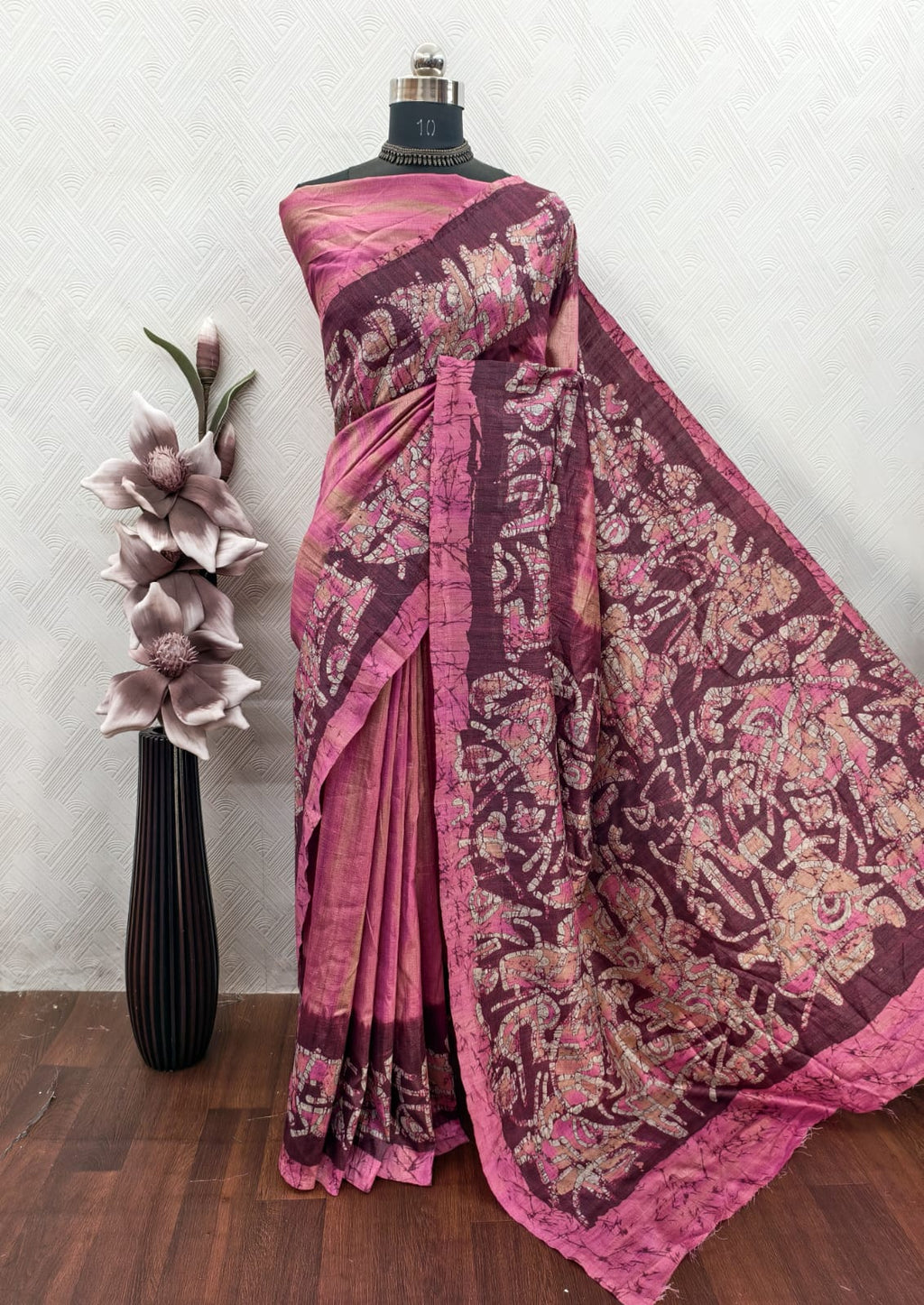 Onion Pink color in Bagru Print On Raw ArtSilk Fabric