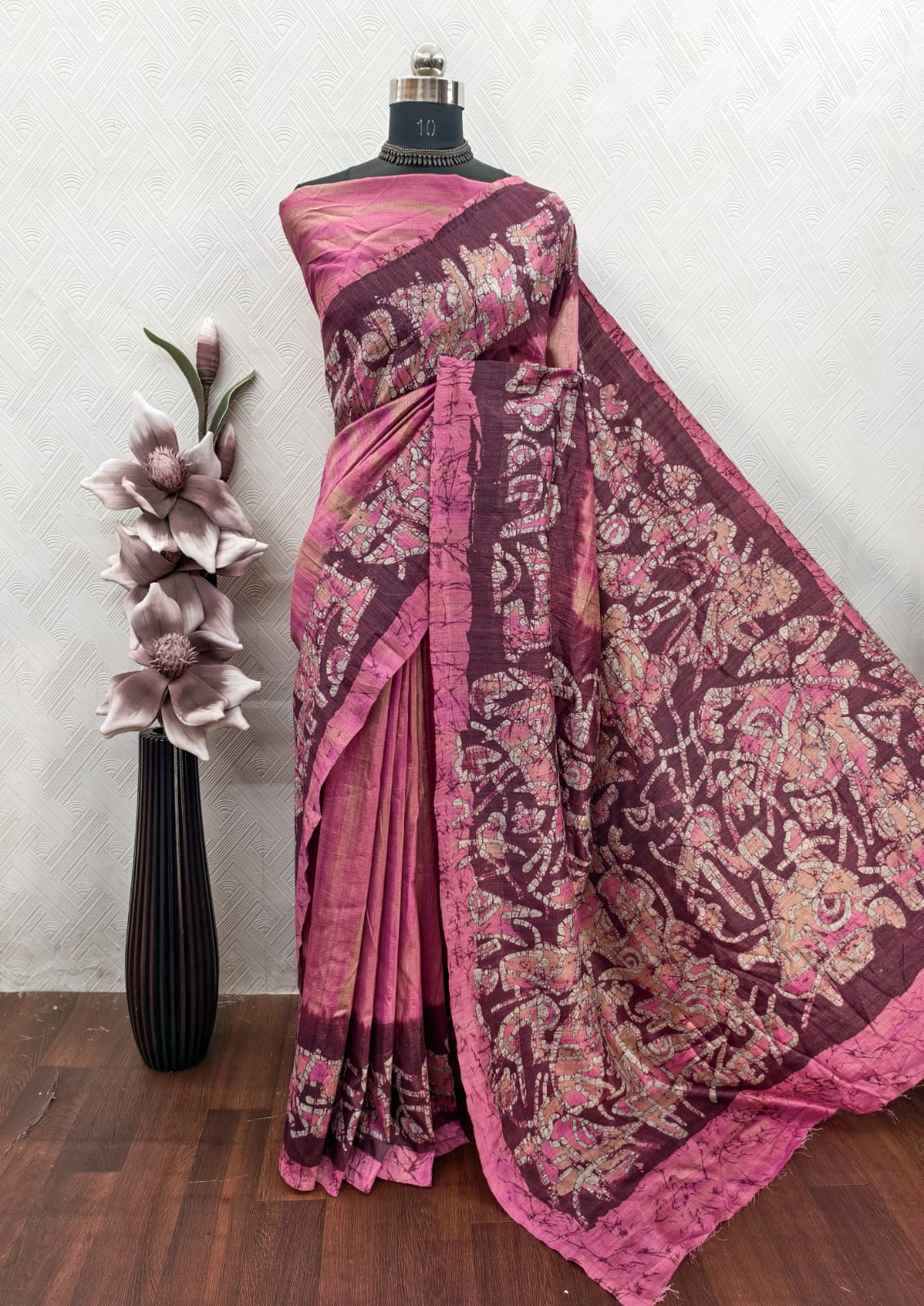 Onion Pink color in Bagru Print On Raw ArtSilk Fabric