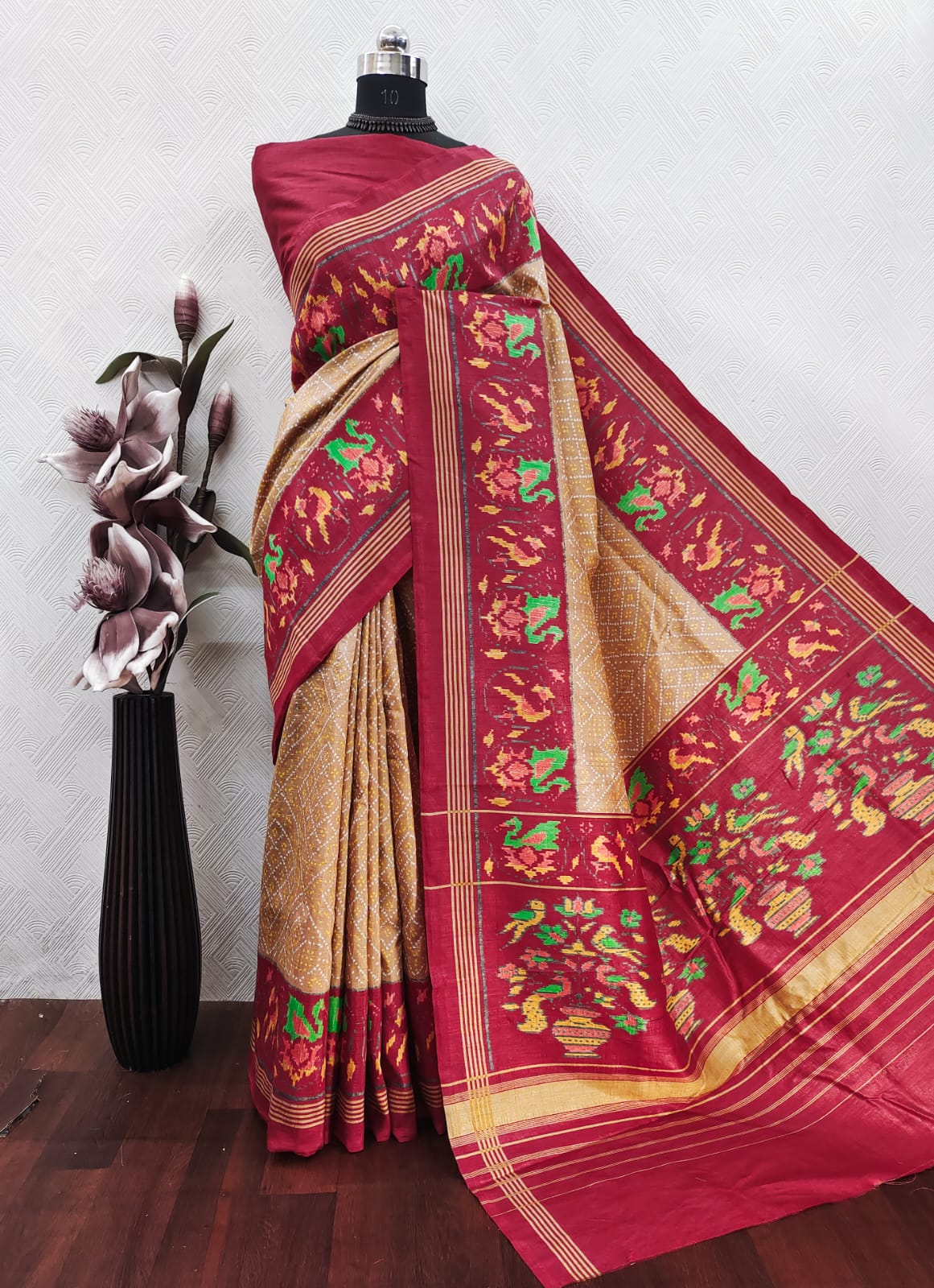 Green Ikkat With Red Patola Color Print On Raw ArtSilk Fabric