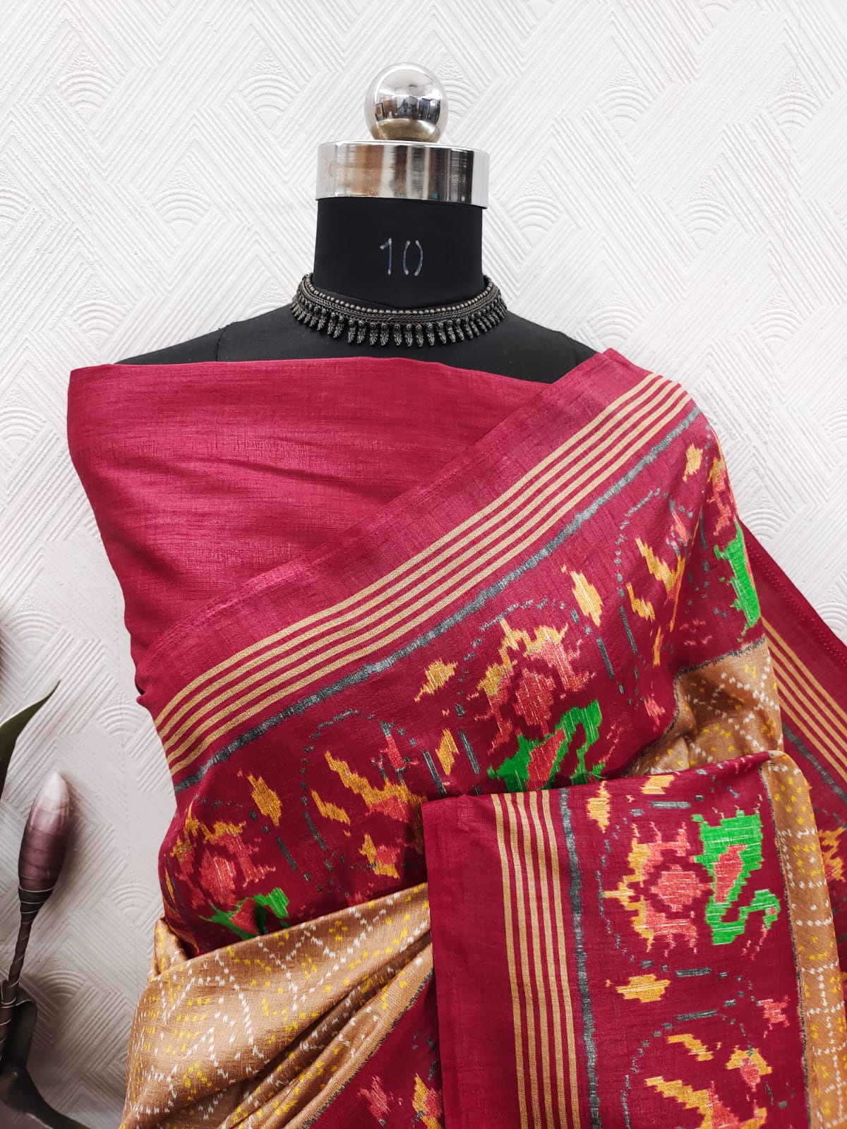 Green Ikkat With Red Patola Color Print On Raw ArtSilk Fabric