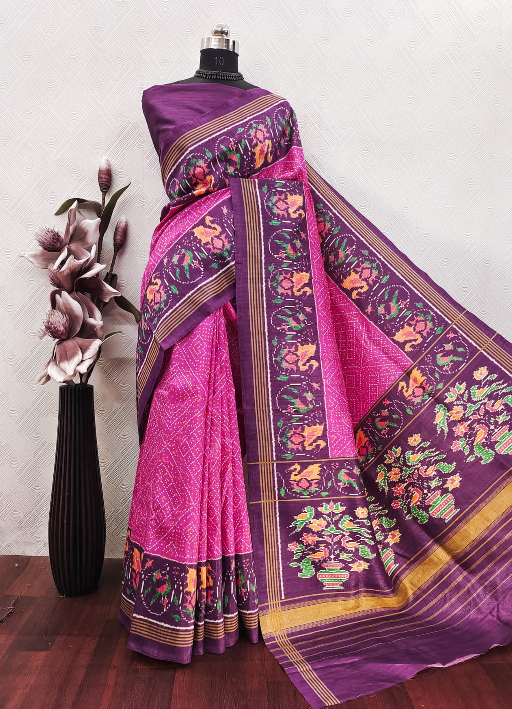 Pink Ikkat With Purple Patola Color Print On Raw ArtSilk Fabric