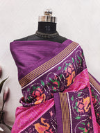 Pink Ikkat With Purple Patola Color Print On Raw ArtSilk Fabric