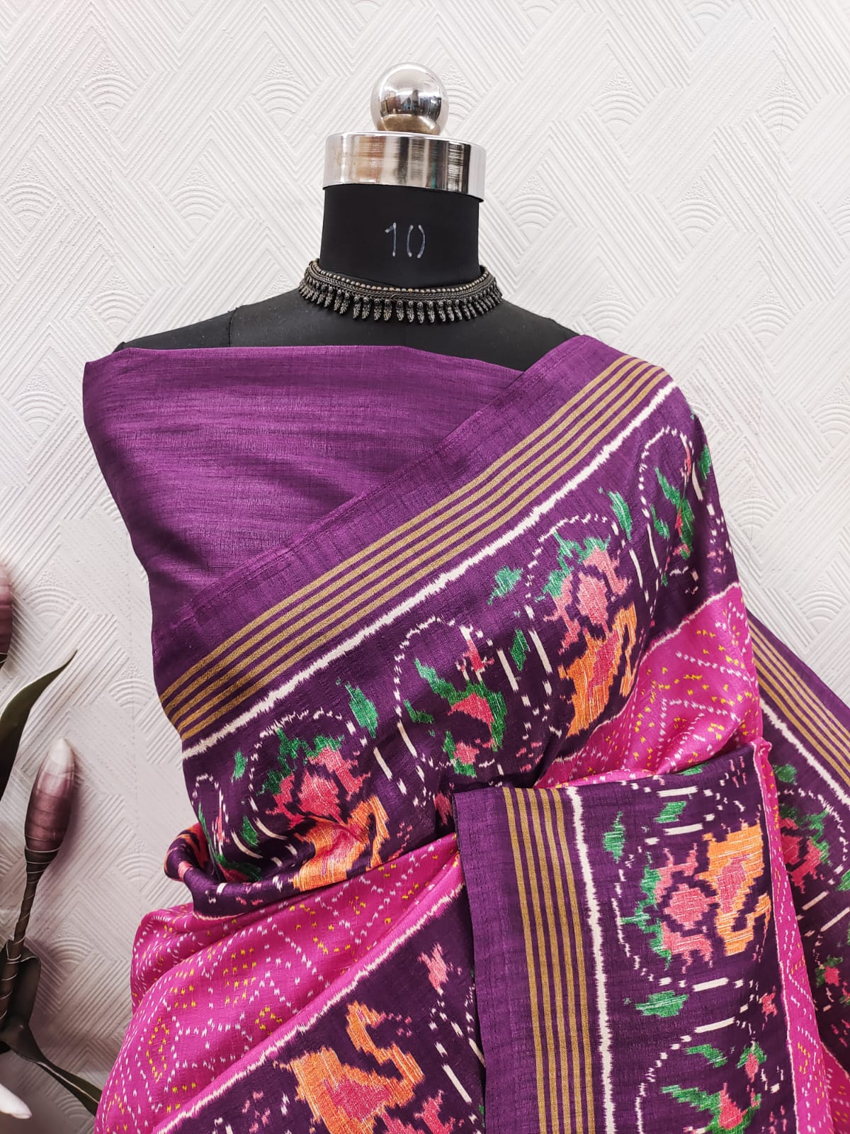 Pink Ikkat With Purple Patola Color Print On Raw ArtSilk Fabric