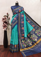 Turquoise Ikkat With Navy Blue Patola Print Color on Raw ArtSilk Fabric
