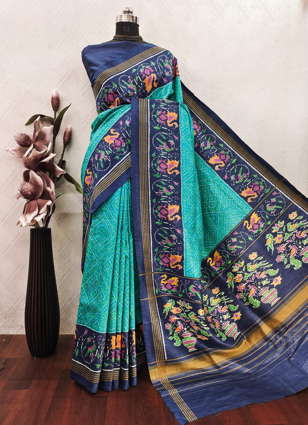 Turquoise Ikkat With Navy Blue Patola Print Color on Raw ArtSilk Fabric