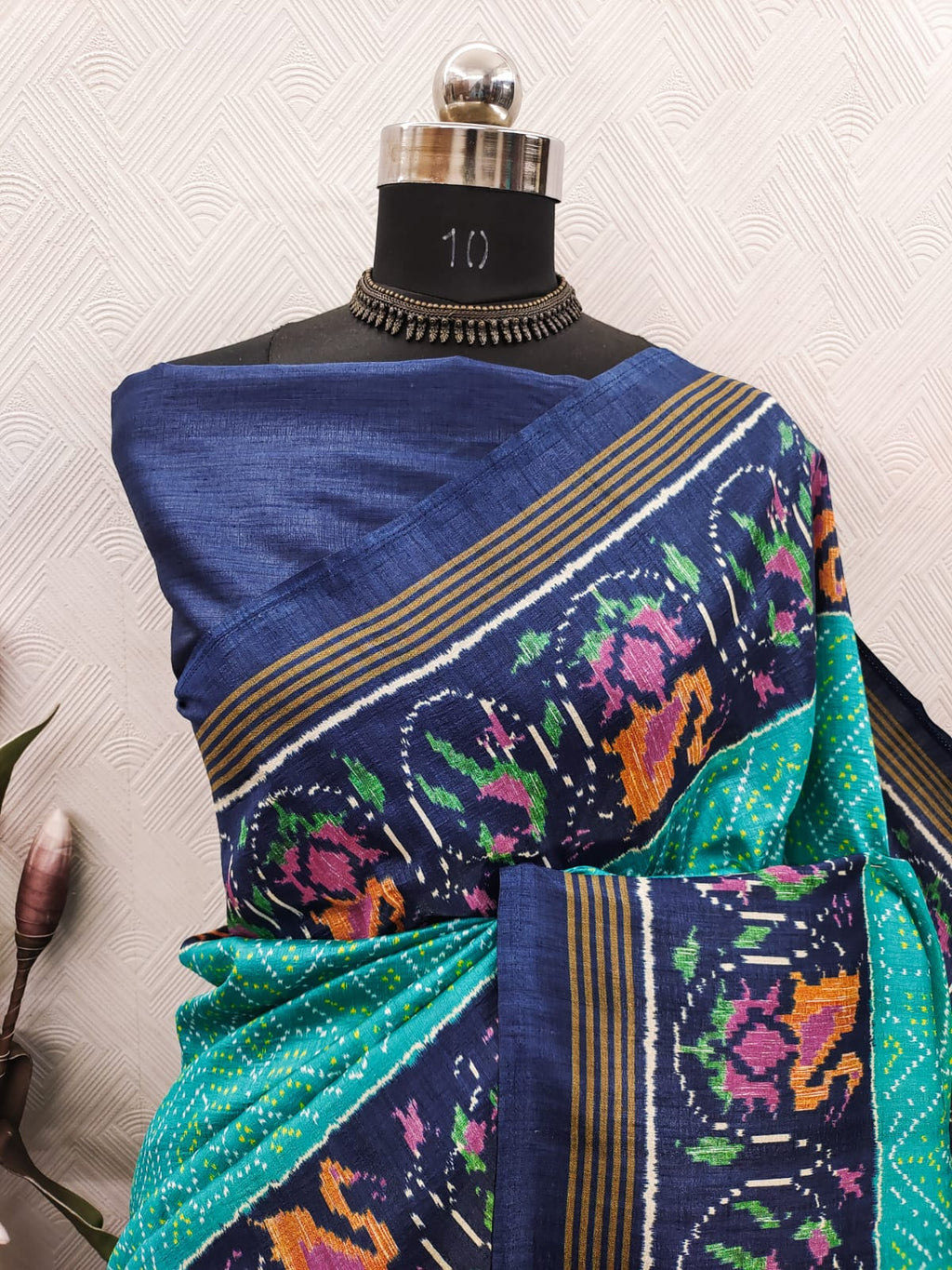 Turquoise Ikkat With Navy Blue Patola Print Color on Raw ArtSilk Fabric