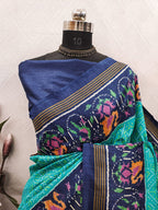 Turquoise Ikkat With Navy Blue Patola Print Color on Raw ArtSilk Fabric