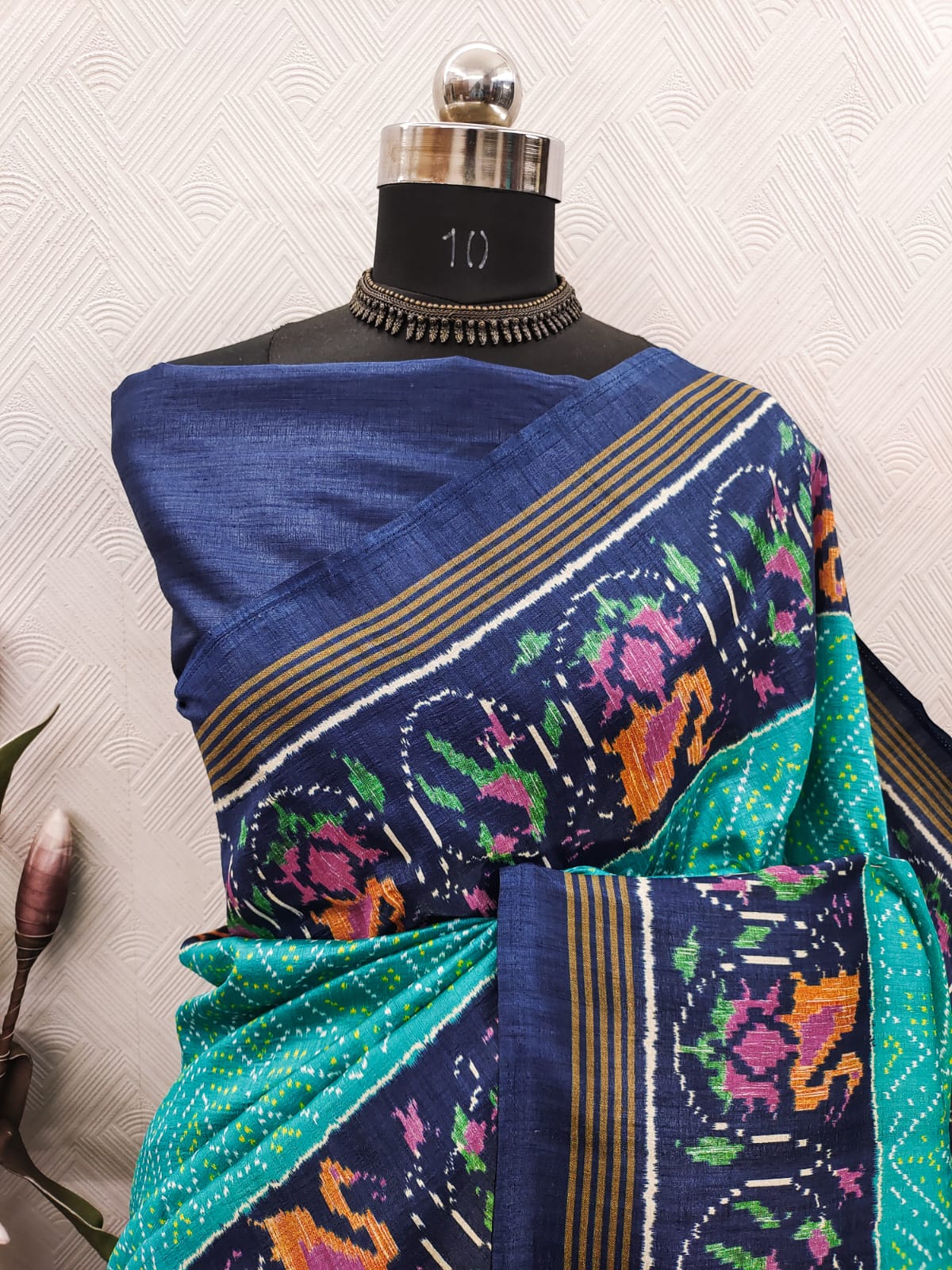 Turquoise Ikkat With Navy Blue Patola Print Color on Raw ArtSilk Fabric