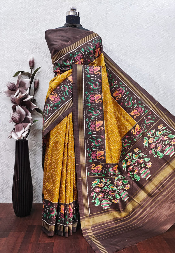 Mustard Ikkat With Brown Patola Color Print On Raw ArtSilk Fabric