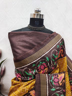 Mustard Ikkat With Brown Patola Color Print On Raw ArtSilk Fabric