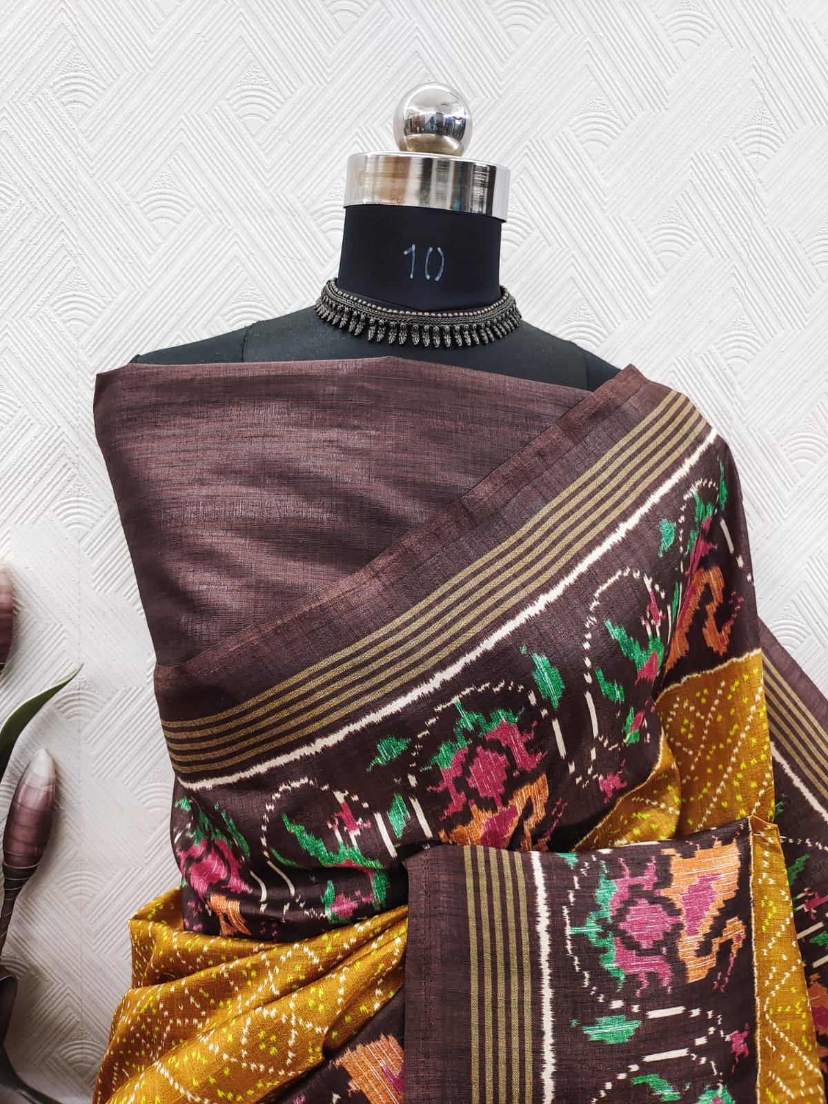 Mustard Ikkat With Brown Patola Color Print On Raw ArtSilk Fabric