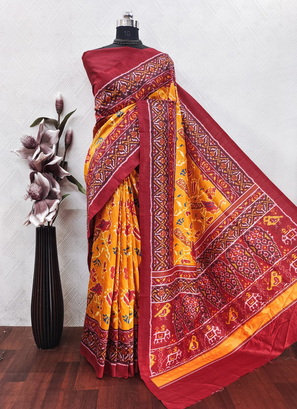 Yellow With Red Color Patola Print On Raw ArtSilk Fabric