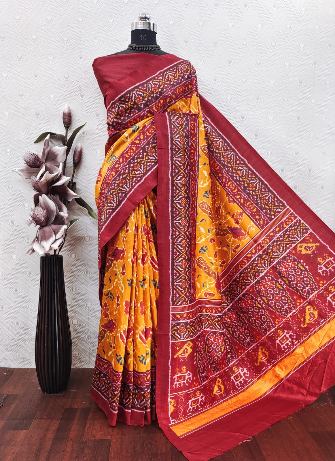 Yellow With Red Color Patola Print On Raw ArtSilk Fabric