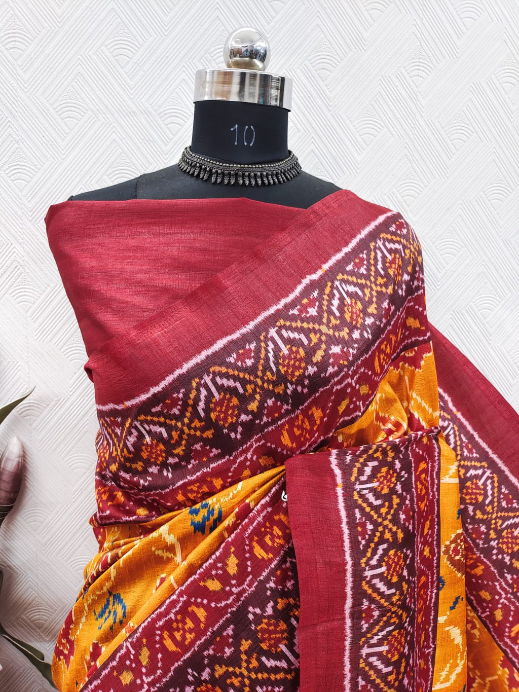 Yellow With Red Color Patola Print On Raw ArtSilk Fabric