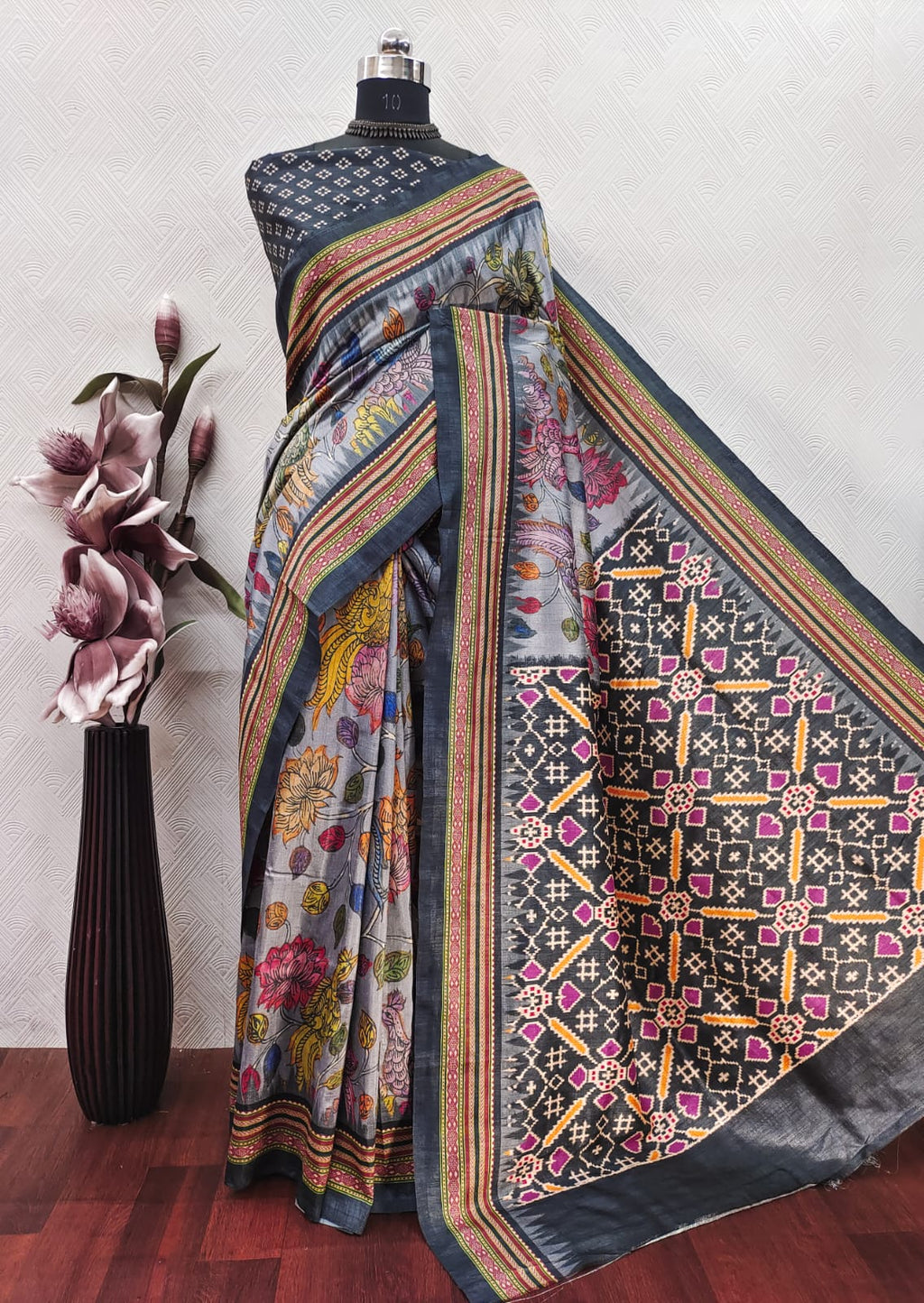 Grey KalamKari With Patola Print On Raw ArtSilk Fabric
