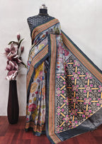 Grey KalamKari With Patola Print On Raw ArtSilk Fabric