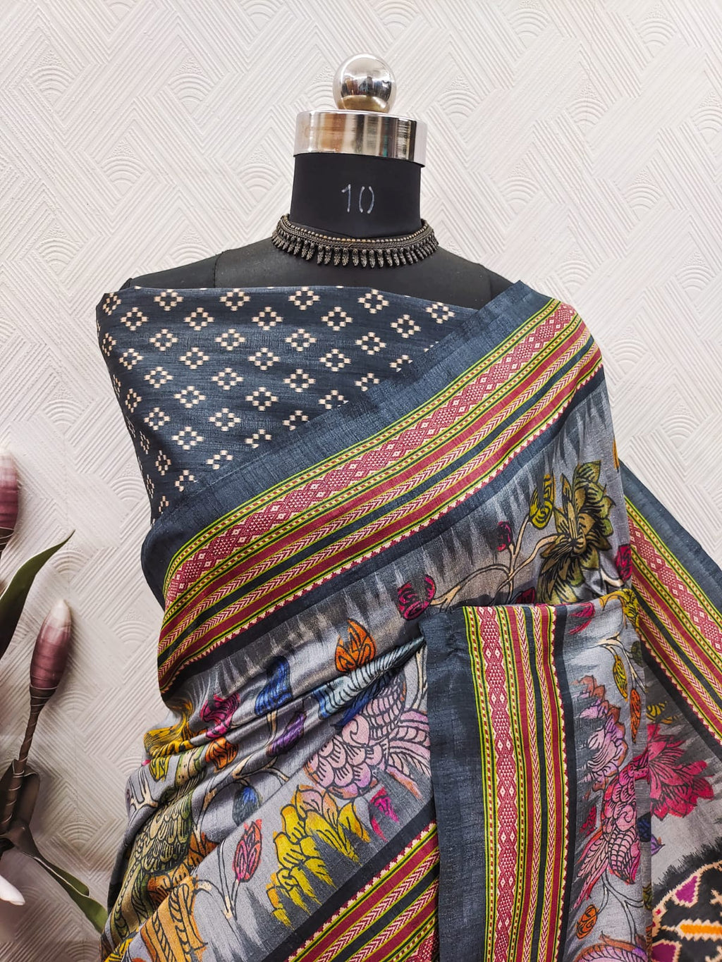 Grey KalamKari With Patola Print On Raw ArtSilk Fabric