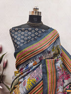 Grey KalamKari With Patola Print On Raw ArtSilk Fabric