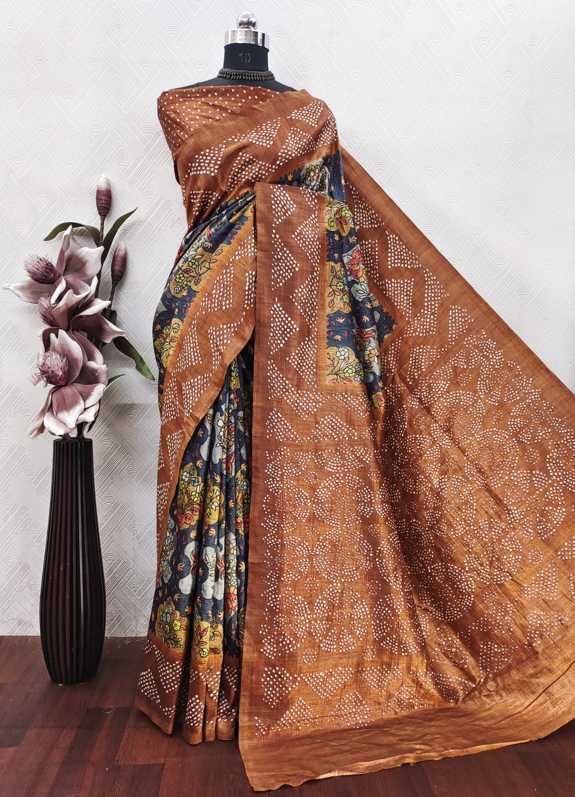 Grey Floral With Copper Brown Color  Bandhini Print On Matka Silk Fabric