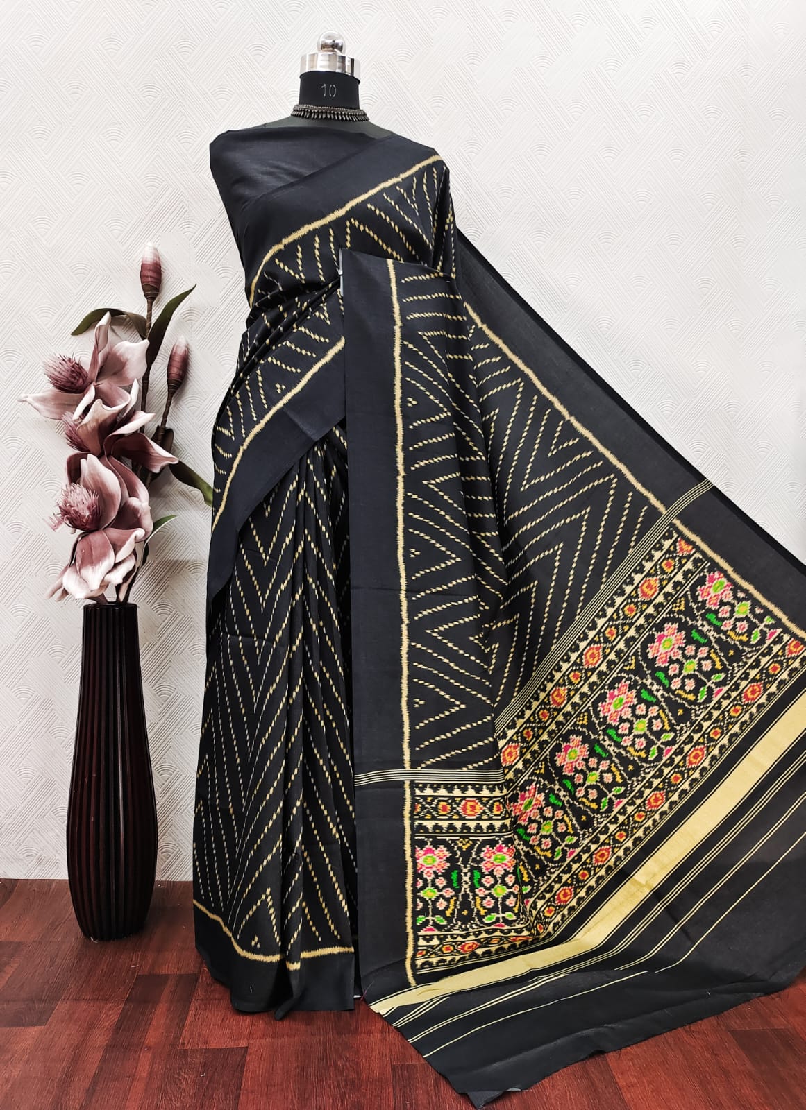 Black color ikkat With Patola Print On Matka Silk Fabric