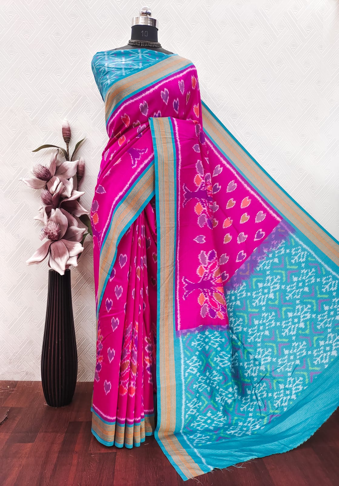 Pink Color Patola Print On Matka Silk Fabric