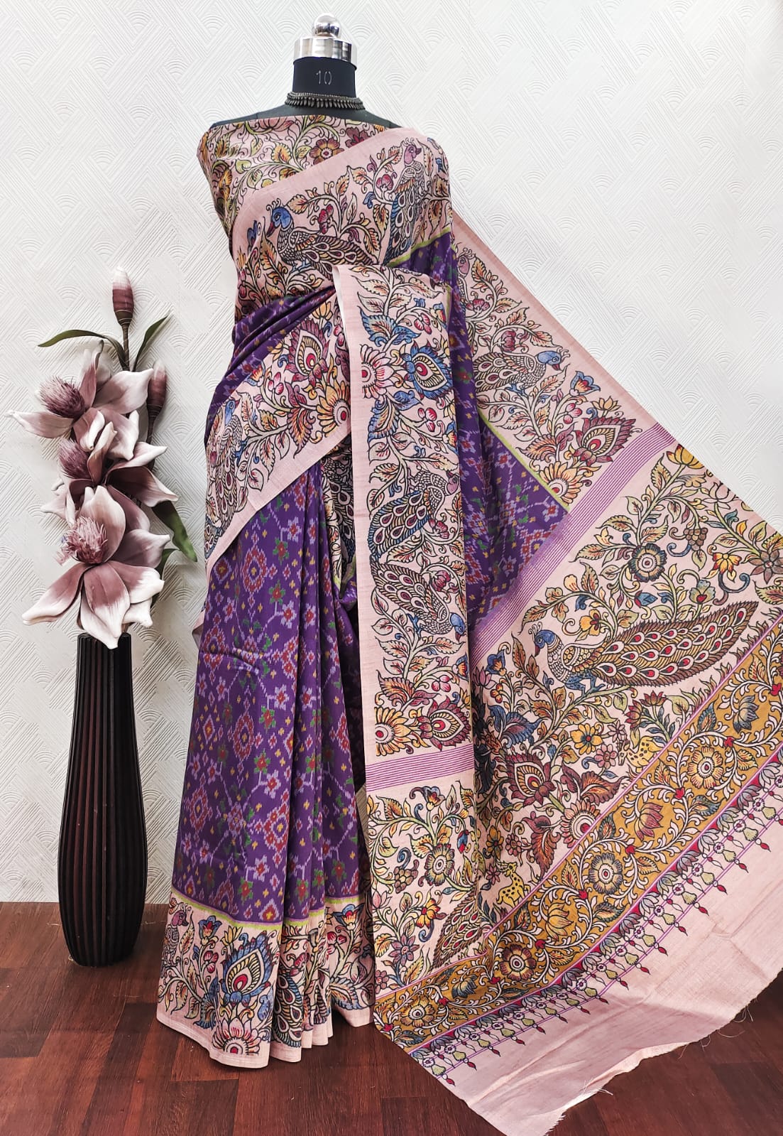 Royal Purple Color Patola with Kalamkari Print On Matka Silk fabric
