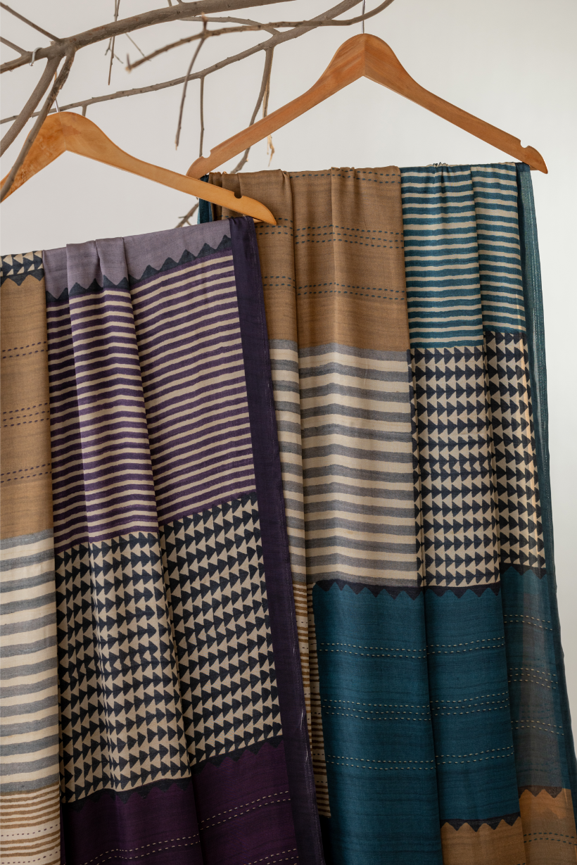 Coral Geometric Designs Saree