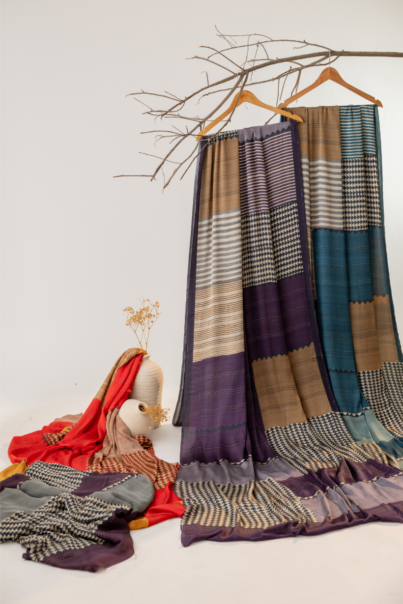 Coral Geometric Designs Saree